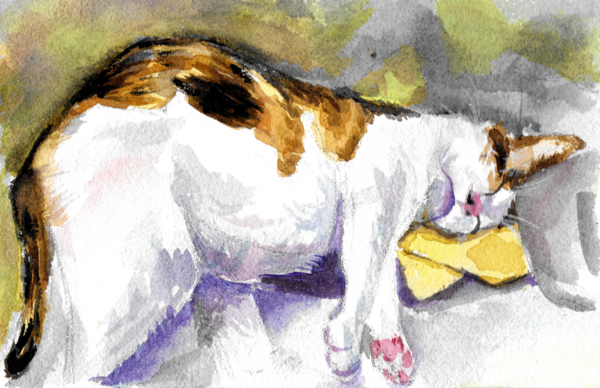 Watercolor art style of a calico cat sleeping on a pillow, with a green background.
